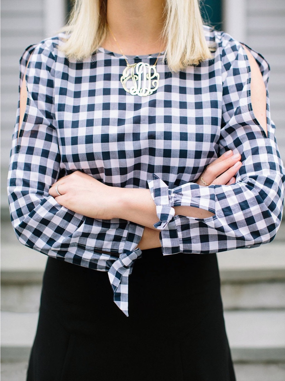J. Crew Navy and White Gingham Lightweight Cold Shoulder Top - Picture 1 of 9